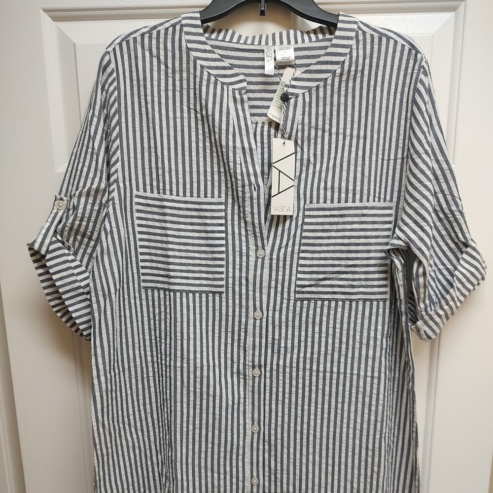 Vasna NWT Black Striped Front Button Shirt Dress Size L